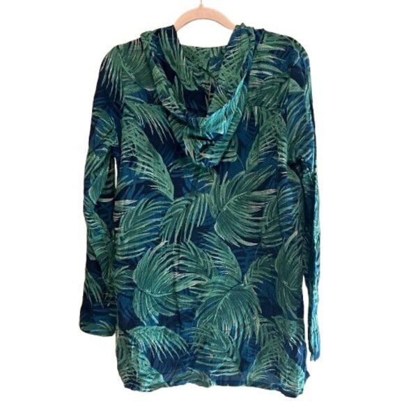 Carve Designs Gauzy Hooded Tunic Top Womens Large Blue Green Leaf Print Cover Up - Picture 3 of 6